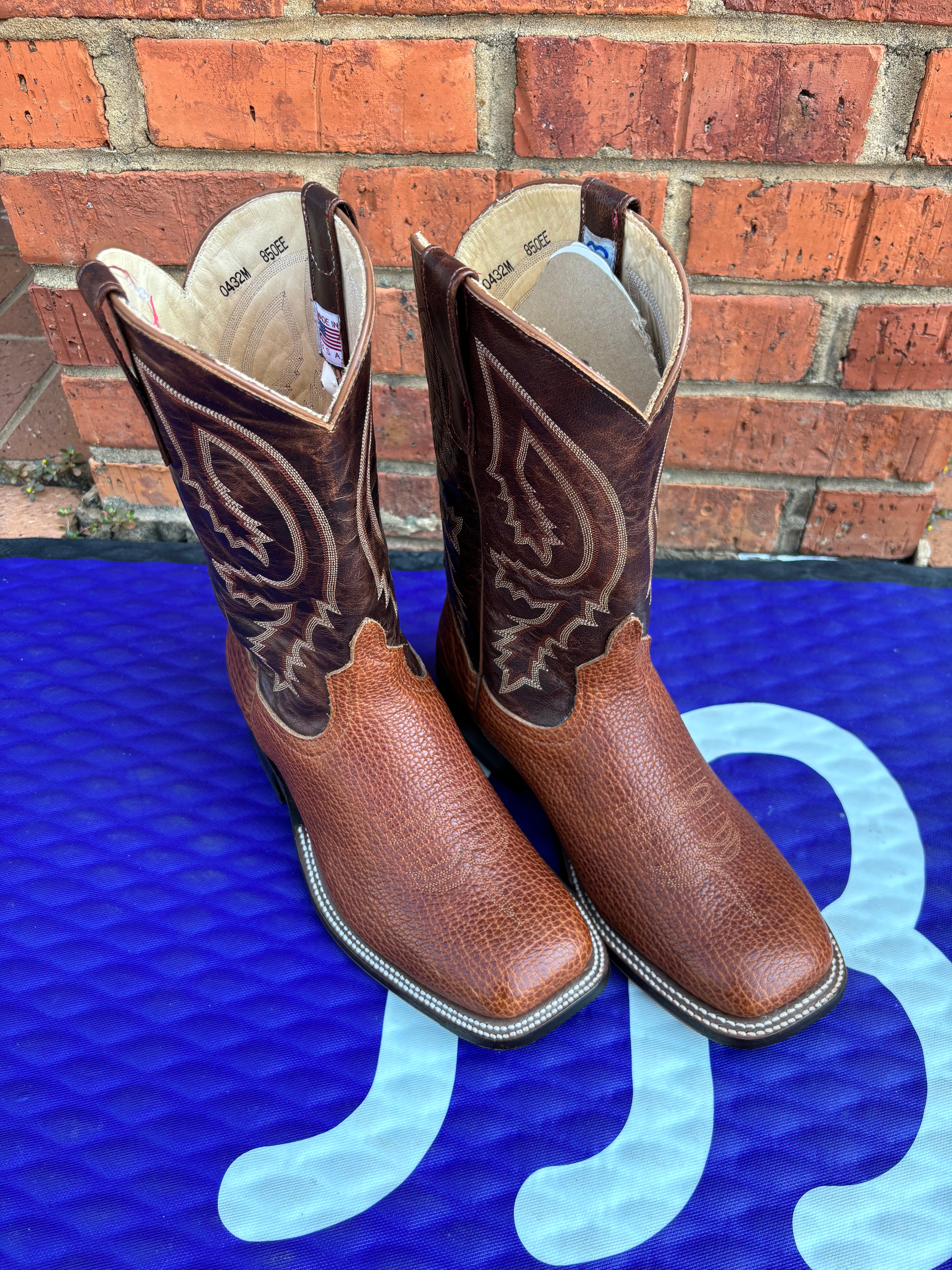 Men's Anderson Bean square toe boots in Rust Shrunken Bison with Brass Explosion shafts.