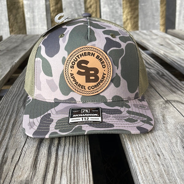 Southern Bred Logo Natural Leather Patch Richardson 112PFP Adjustable Snap Back Cap In March Duck