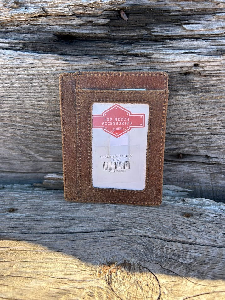 Brown distressed crazy horse leather front pocket wallet with six card slots and a ID window. This wallet has RFID blocking. View of ID window.