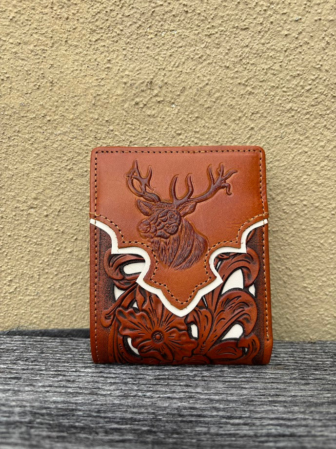 A Light Brown leather bifold wallet with beige inlay design featuring a embossed buck design. Front View
