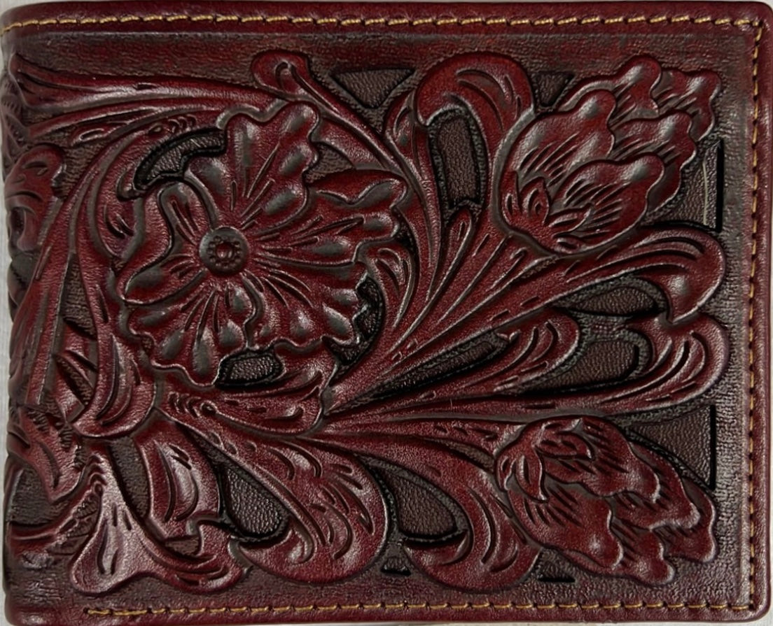 Top Notch Accessories Brown Floral Tooled w/Brown Inlay Bi-Fold Wallet