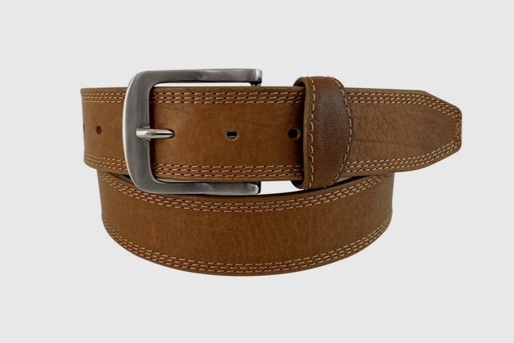 Honey Brown bison leather belt with a nickel finish buckle, featuring tonal triple stitched edges.