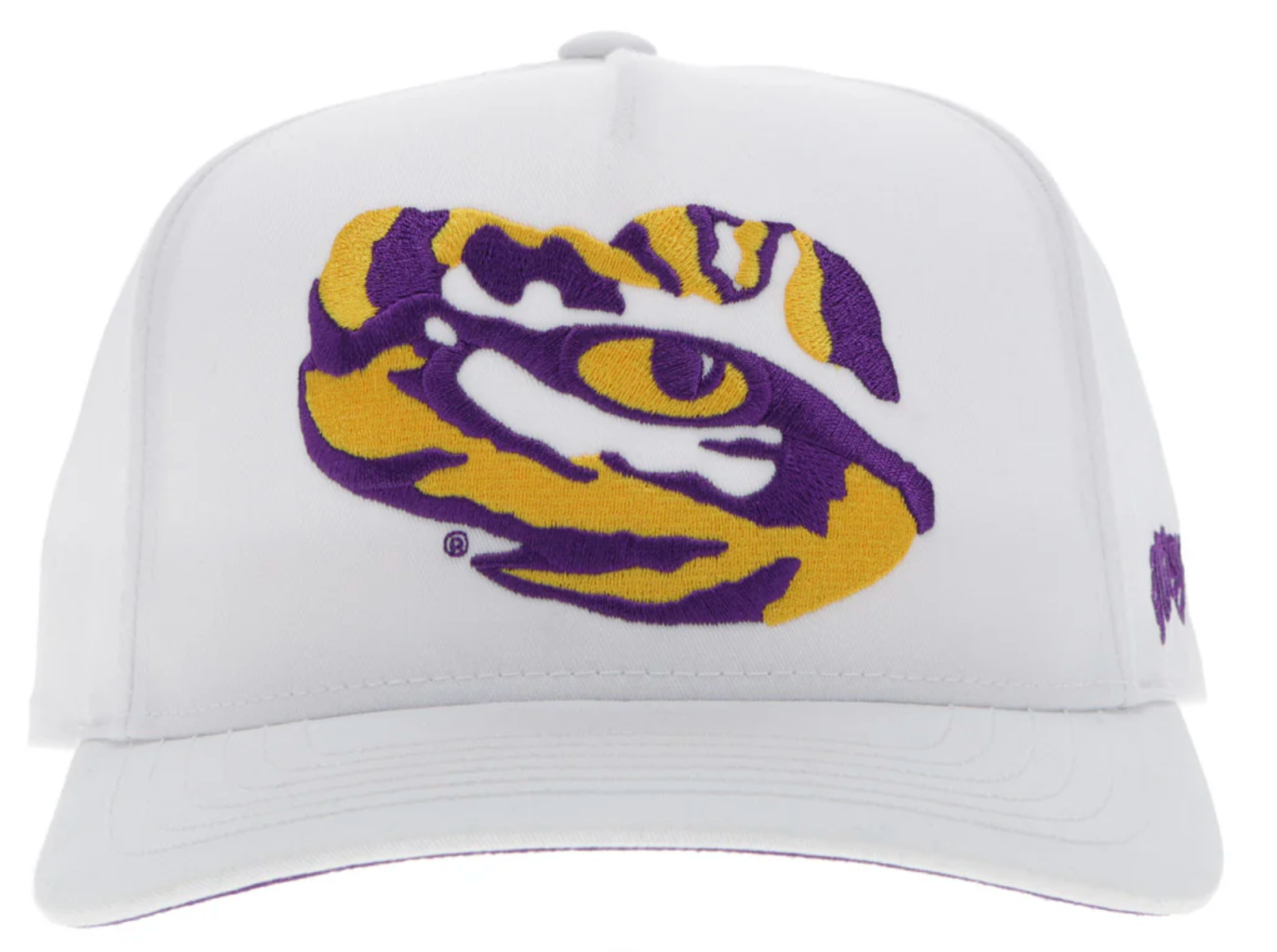 White Hooey cap with Gold and Purple LSU tiger eye. Front view highlighting LSU tiger eye.