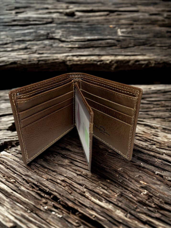Coffee Brown leather bifold wallet. Inside view showing multiple card slots and a ID window.
