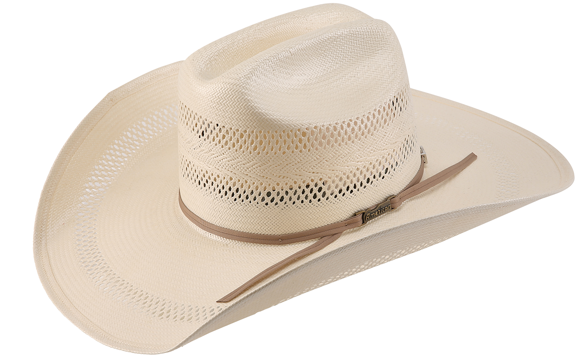 An American Hat Company straw cowboy hat with a rancher crease crown and a rancher crease brim, featuring a leather sweat band.