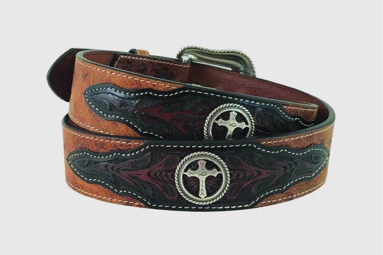 A tan brown genuine leather belt with a vintage ostrich print and two cross conchos.
