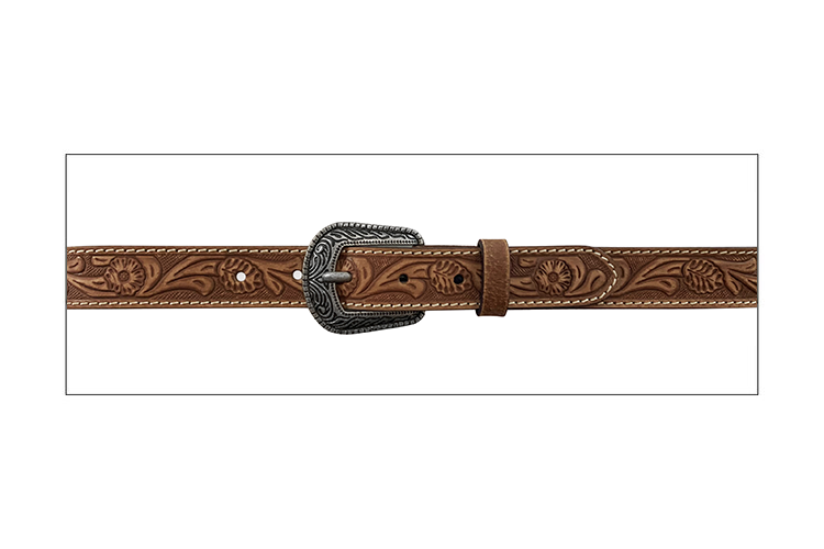 A flat view of a children's brown tooled leather belt with a buckle closure.