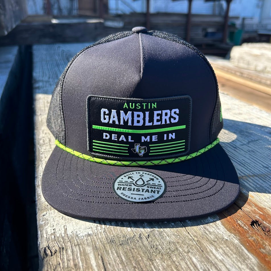 Hooey x Austin Gamblers black and neon green snapback cap. Austin Gamblers Deal Me In patch with neon green and black rope on front. Front View