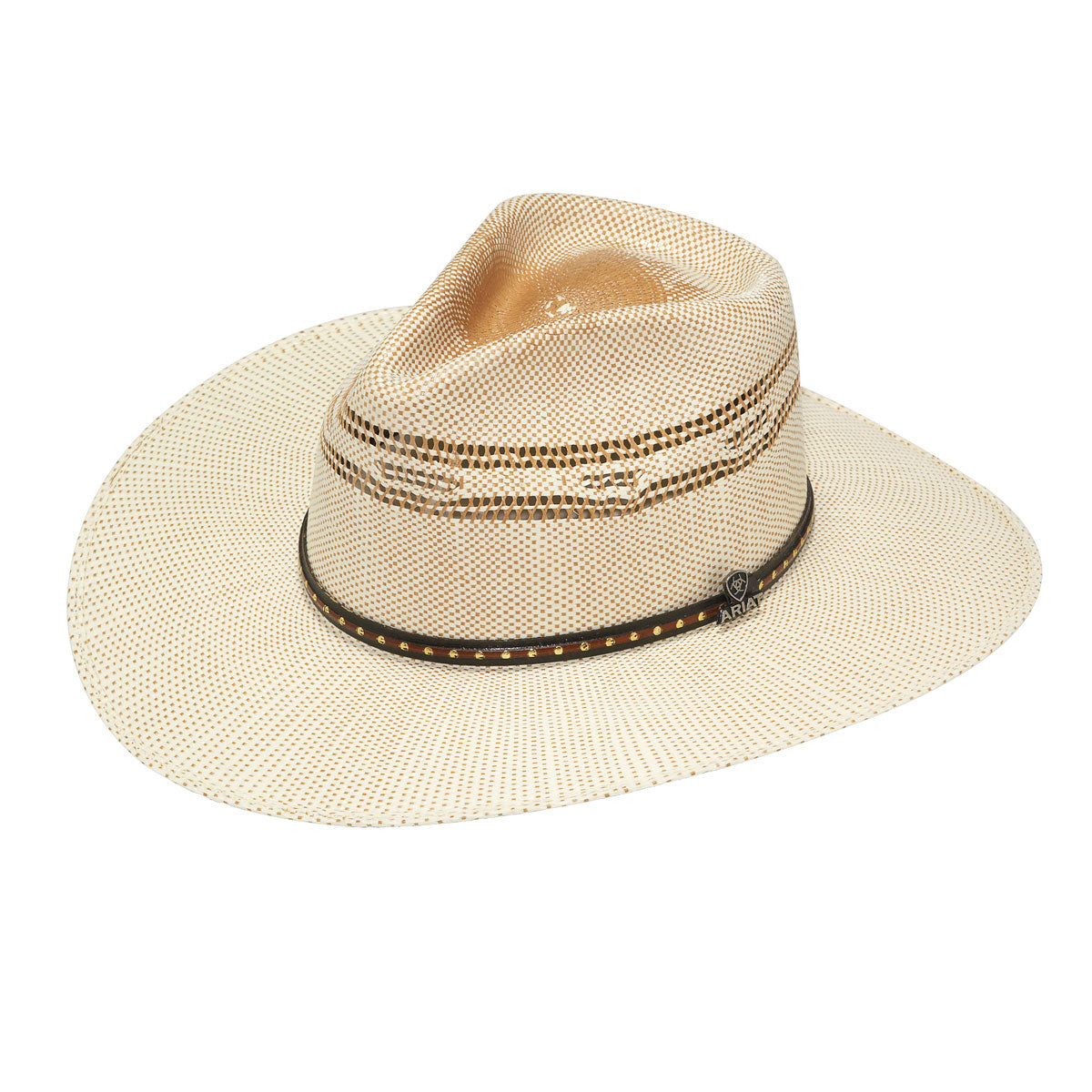 Ariat Bangora cowboy hat in ivory and tan with a decorative two-tone hatband and Ariat pin.