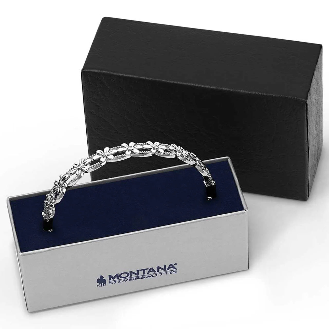 Montana Silversmiths daisy bracelet, Platinum plated over brass. Boxed View