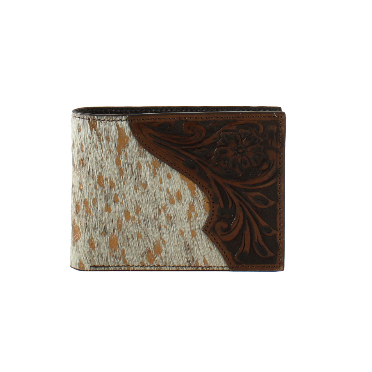 Nocona genuine tooled leather and calf hair bi-fold wallet.