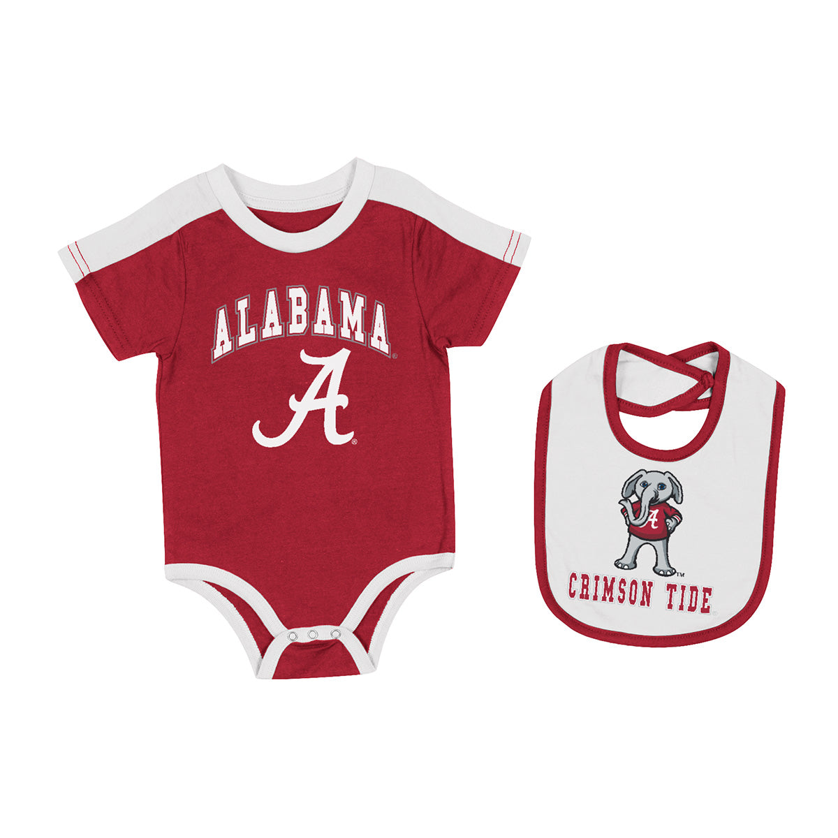 Infant Colosseum Crimson and White onesie with Alabama logo graphic print and matching bib with 'Crimson Tide' and Big Al graphic print. Front View