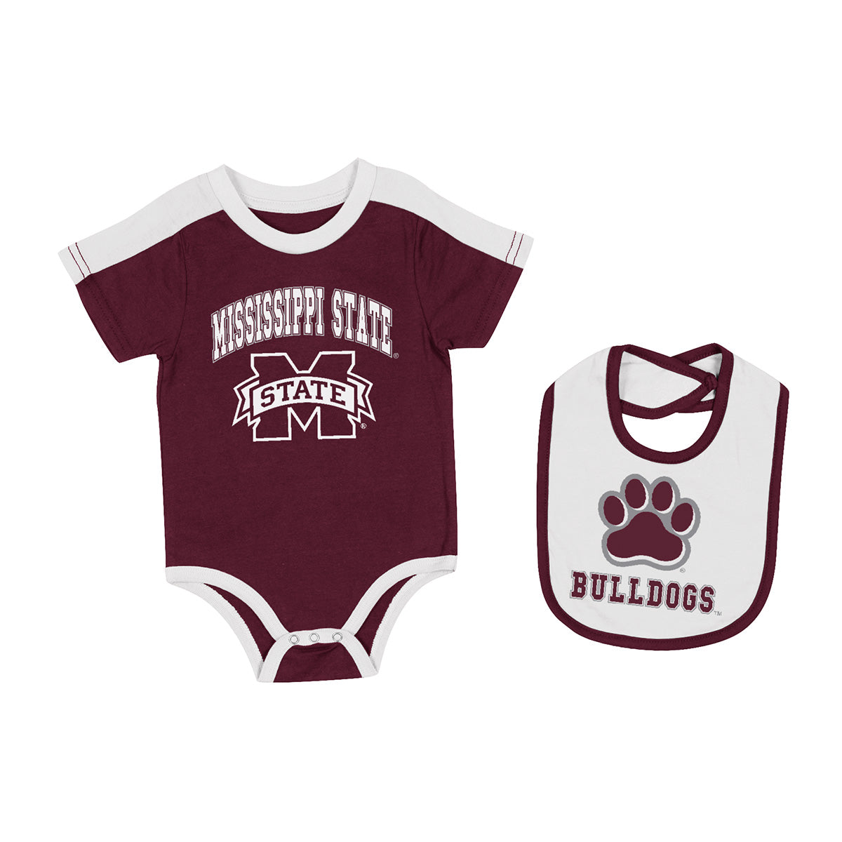 Infants Colosseum Mississippi State burgundy and white onesie and bib. Front View