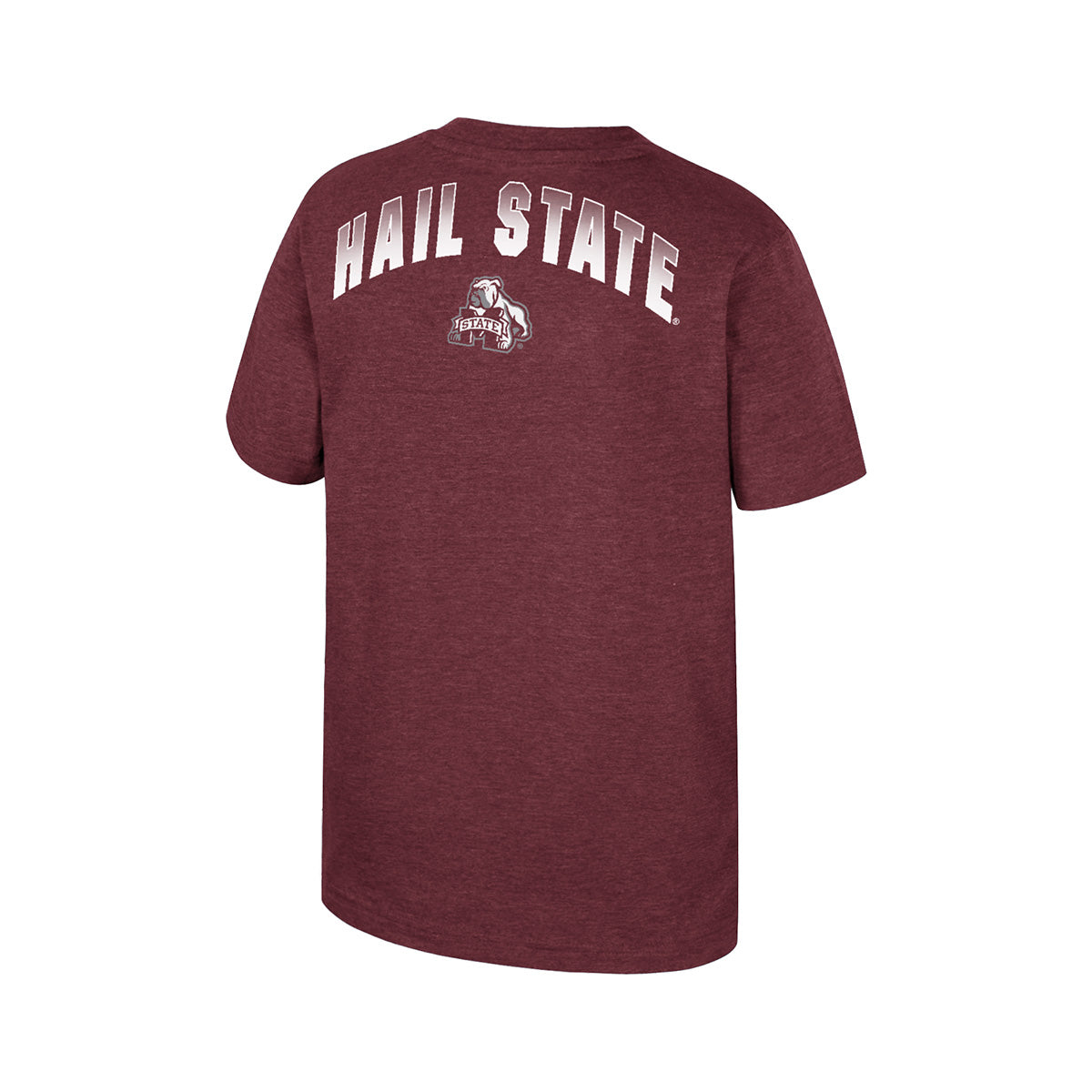 Colosseum Athletics youth short sleeve maroon t-shirt with Hail State graphic print. Rear View
