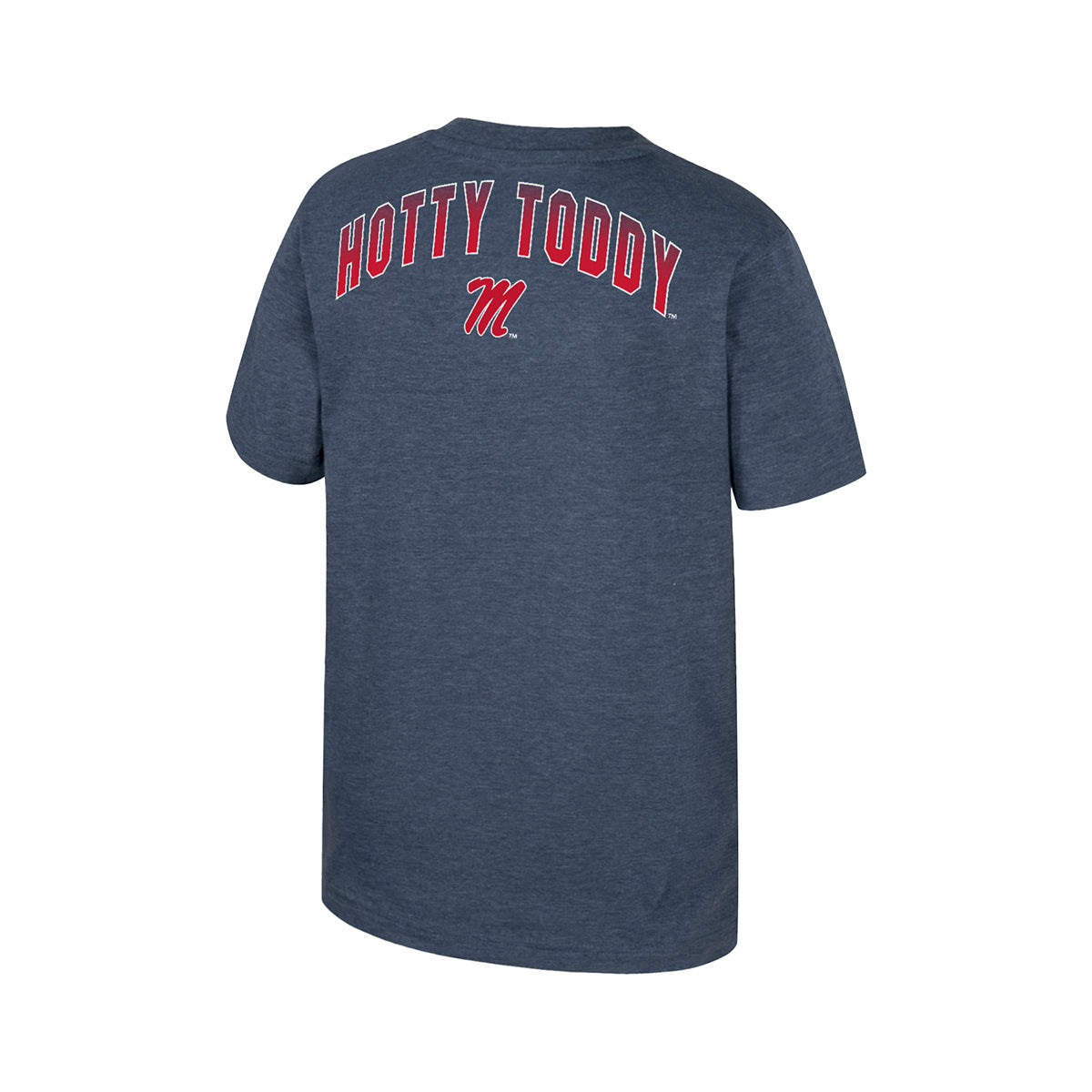 Colosseum Athletics youth short sleeve Navy T-shirt with horizontal white band with 'Hotty Toddy' and a red band 'REBELS' text on the front. Rear view showing 'Hotty Toddy and M' graphic print.