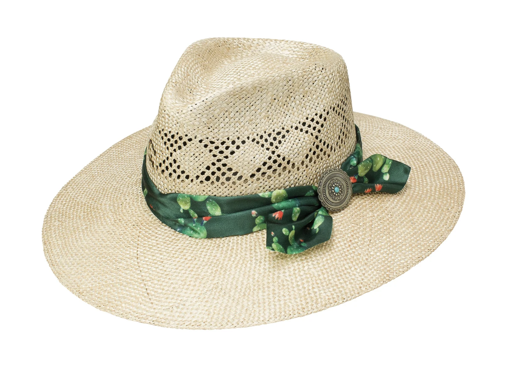 A natural straw fedora hat with a dark green floral ribbon and bow, featuring a decorative metal button accent on the side, set against a plain white background.