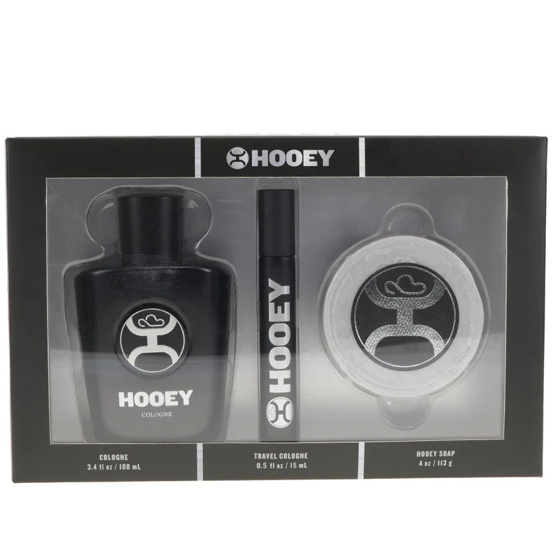 Hooey Black cologne set with bottle, travel spray, and soap bar. This set includes a full size 3.4 ounce bottle, a 0.5 ounce travel size bottle, and a 4 ounce soap bar.