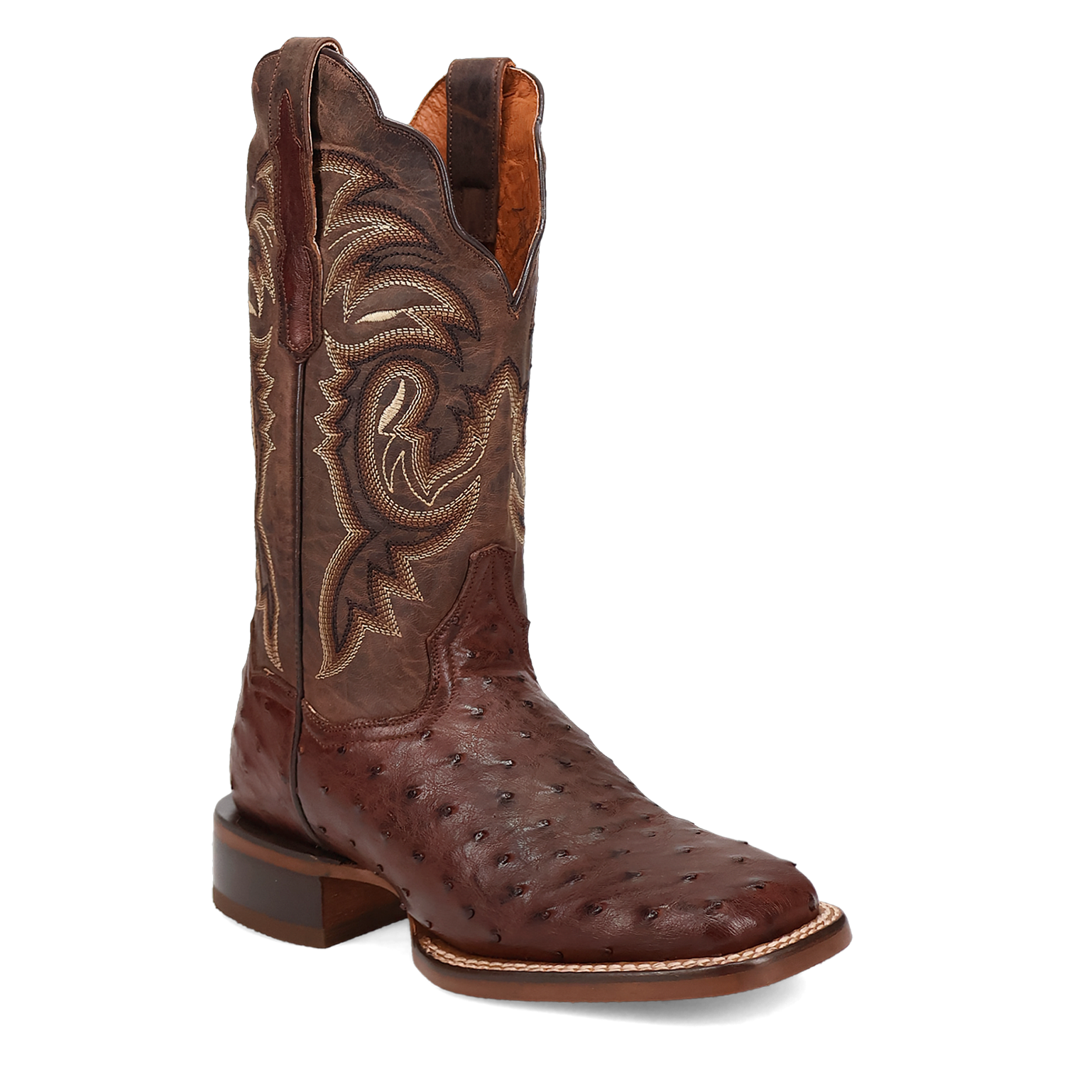A profile view of a Women's Dan Post square toe full quill ostrich boot in chocolate color with embossed detailing.