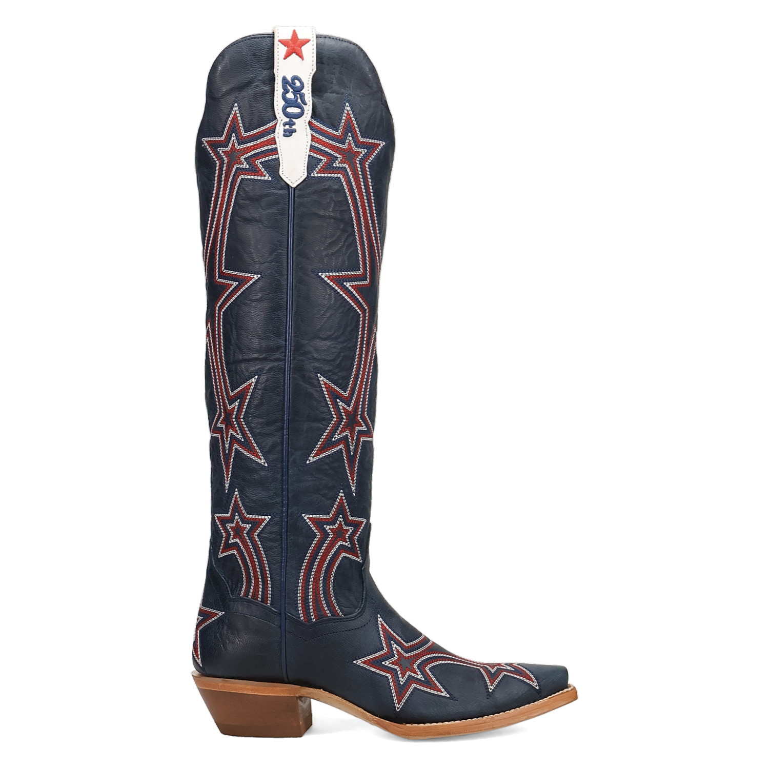 Women's Dan Post 18 inch tall snip toe leather western boots. Blue boots with red and white star pattern throughout, white pull tabs with 250th stitching. Limited to 250 pairs these boots are commemorating the 250th anniversary of America. Side View