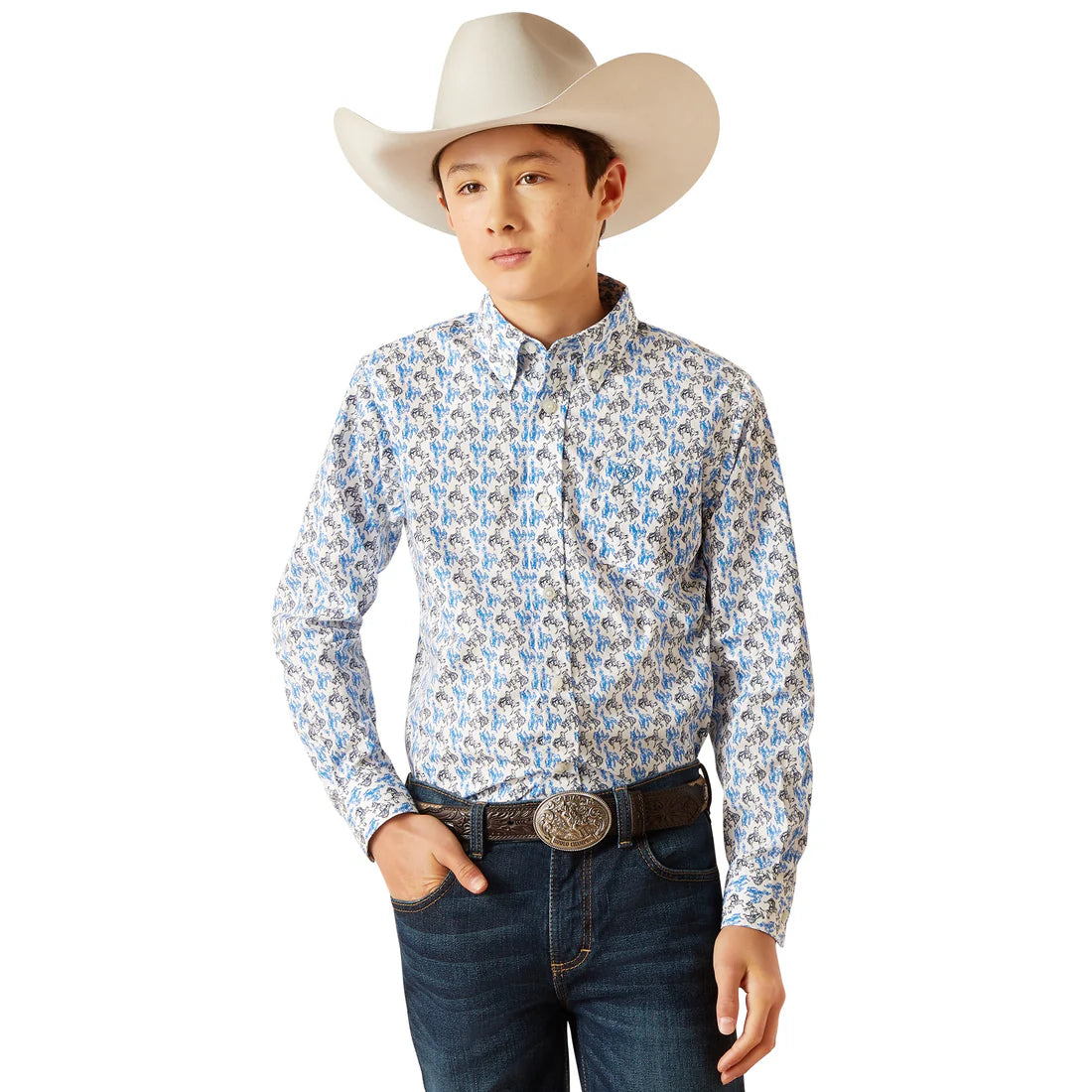 Boy's Ariat white long sleeve shirt with a Blue Bronc Rider print.