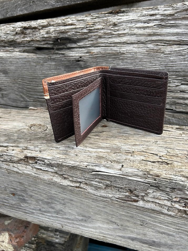 Coffee Brown leather bifold wallet with embossed Brown overlay featuring a Longhorn Concho. Inside view showing dual ID window and multiple card slots.