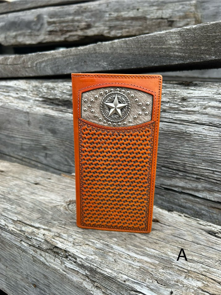 Brown basketweave leather tall wallet with a Star Concho on a cowhide inlay. Front View A