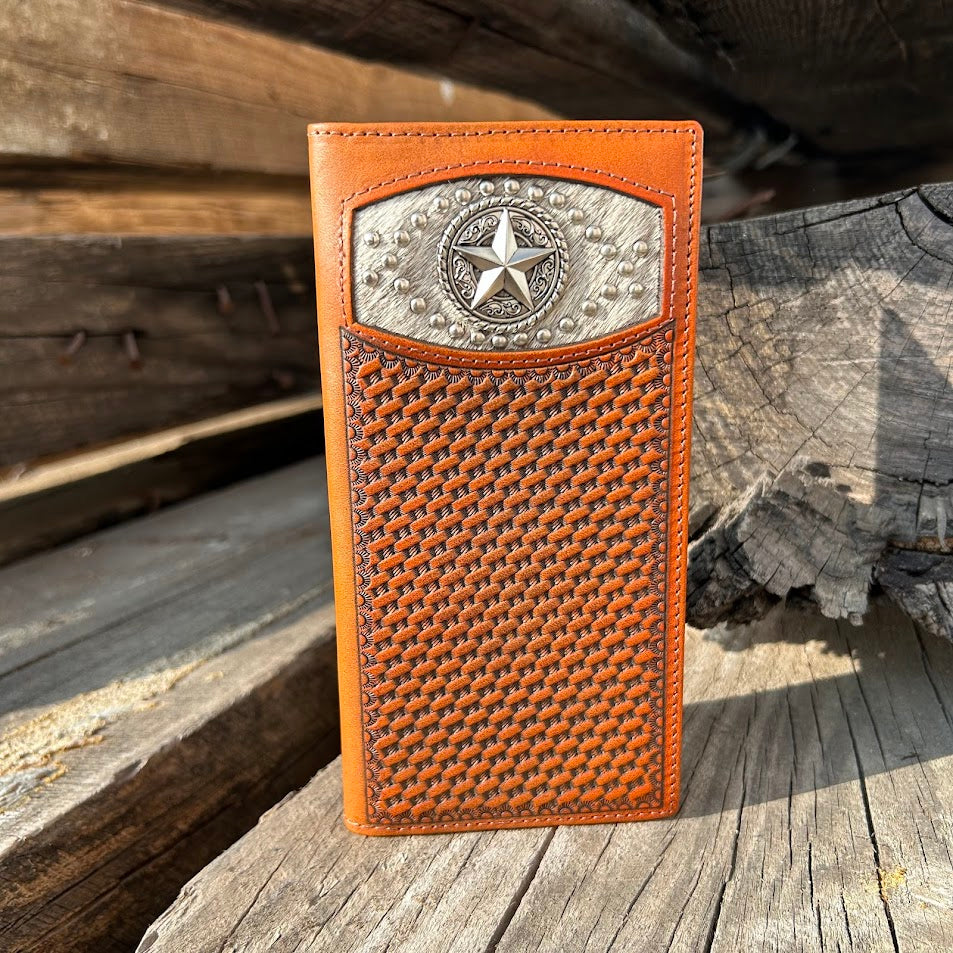 Brown basketweave leather tall wallet with a Star Concho on a cowhide inlay. Front View B