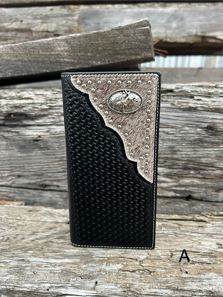Black basketweave leather Tall wallet with a Bull Rider Concho on top right corner on top of Hair-On cowhide with Silver studs. Front View