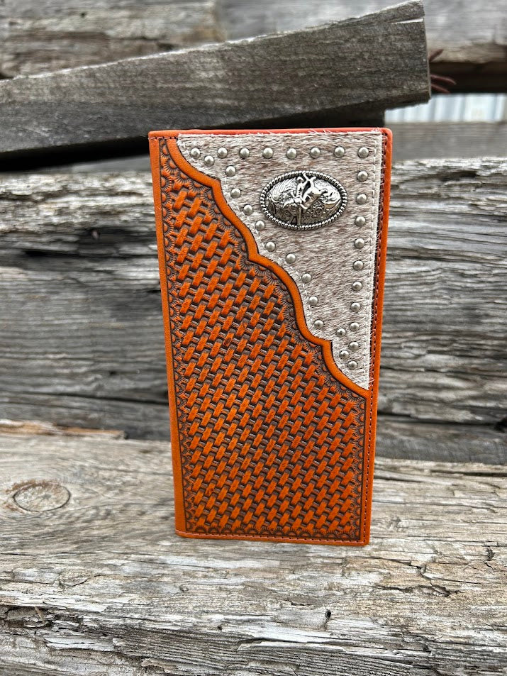 Brown basketweave leather tall wallet with a cowhide inlay featuring a Bull Rider Concho. Front View