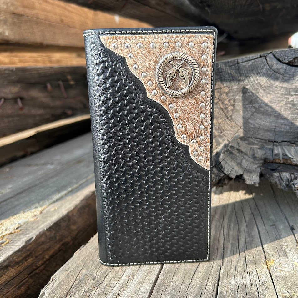 This tall Black basketweave leather wallet features a cowhide corner with a silver pistols Concho. Front View A