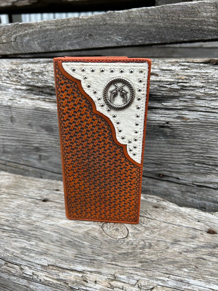 Brown basketweave leather tall wallet with a cowhide inlay corner featuring a Pistols Concho. Front View B