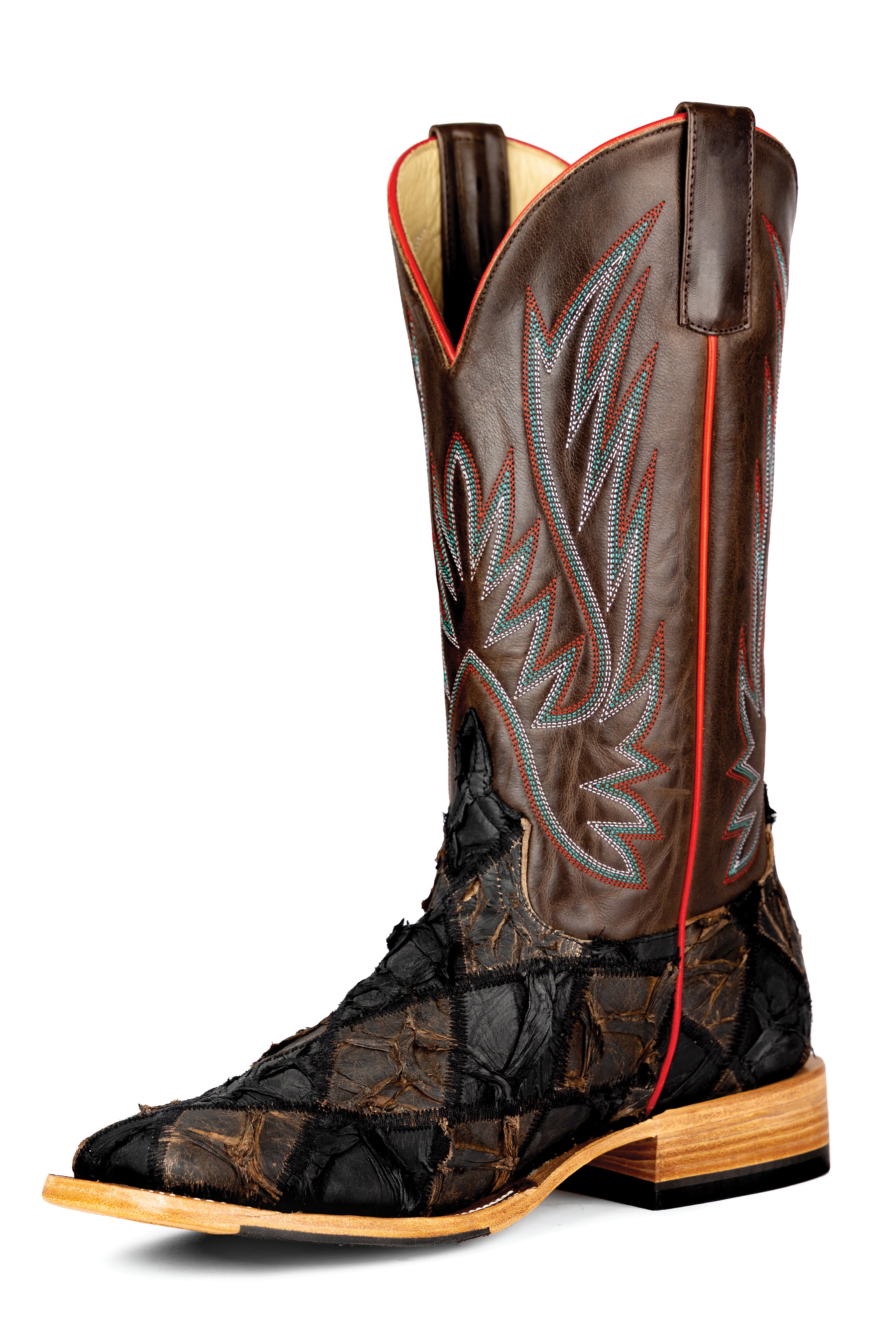 Men's Horse Power by Anderson Bean black matte and toasted big bass patchwork square toe cowboy boots