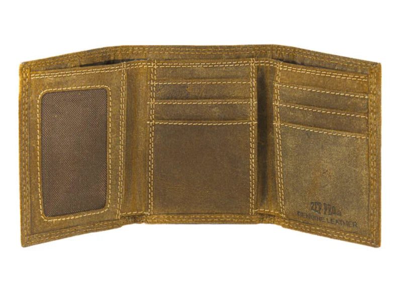 Inside view of Zep-Pro vintage tan lab concho tri-fold wallet. Features:
Vintage Tan leather
6 interior credit card slots
2 interior pockets
1 ID window
2 bill/cash compartments