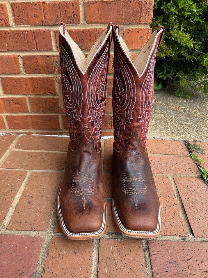 Men's Anderson Bean Mike Tyson Bison cowboy boots. These boots feature a square toe and a rust lava 13" shaft. They have a walking heel and a hybrid outsole. Front View