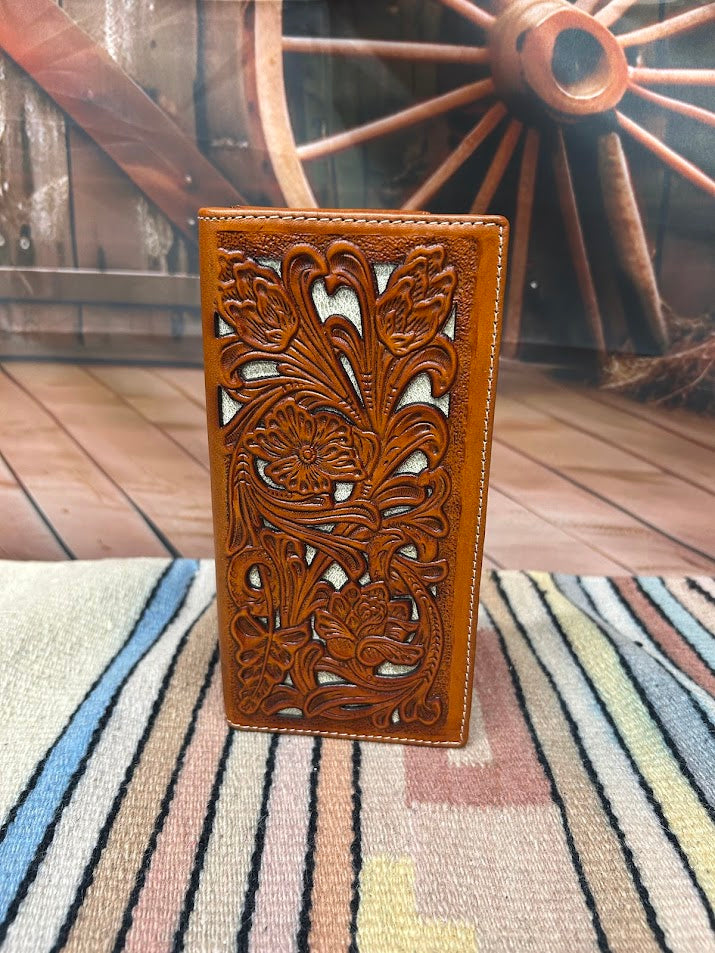 Light Brown tooled leather tall wallet with a Beige inlay. Front View