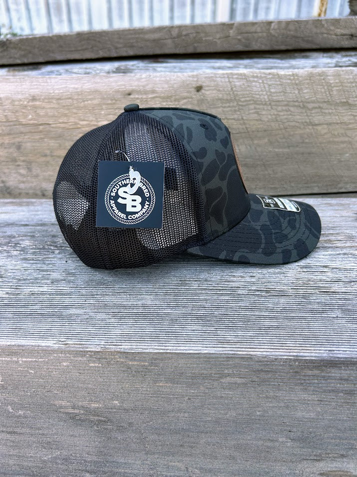 Southern Bred Caramel Leather Patch Richardson 112 Adjustable Snap Back Cap In Sable Duck Camo