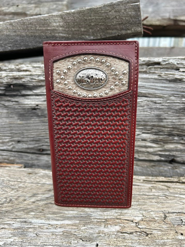 Coffee Brown basketweave leather wallet with a Praying Cowboy Concho on a cowhide inlay. Front View