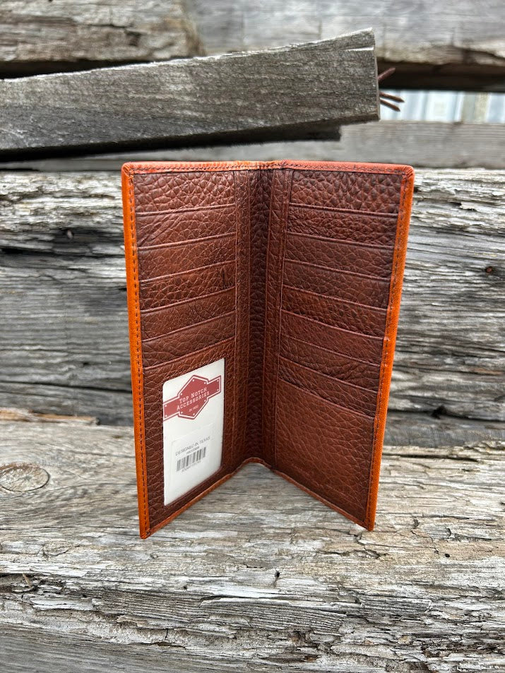 Brown basketweave leather tall wallet with a cowhide inlay featuring a Bull Rider Concho. Inside view showing ID window, multiple card slots, and cash slots.