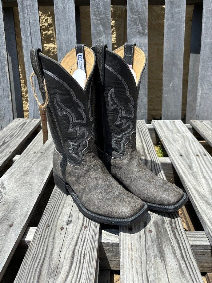 Men's Anderson Bean grey Safari Cape Buffalo cowboy boots with a black 12" shaft and a square toe.