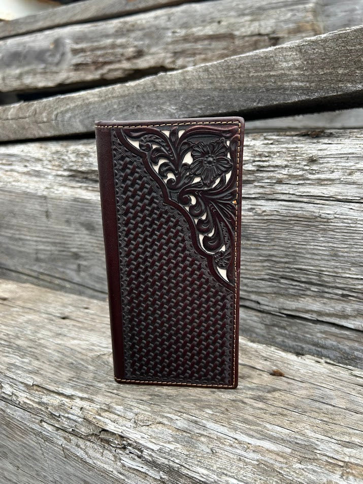 Coffee Brown basketweave leather tall wallet with intricate tooled design with a Beige inlay. Front View