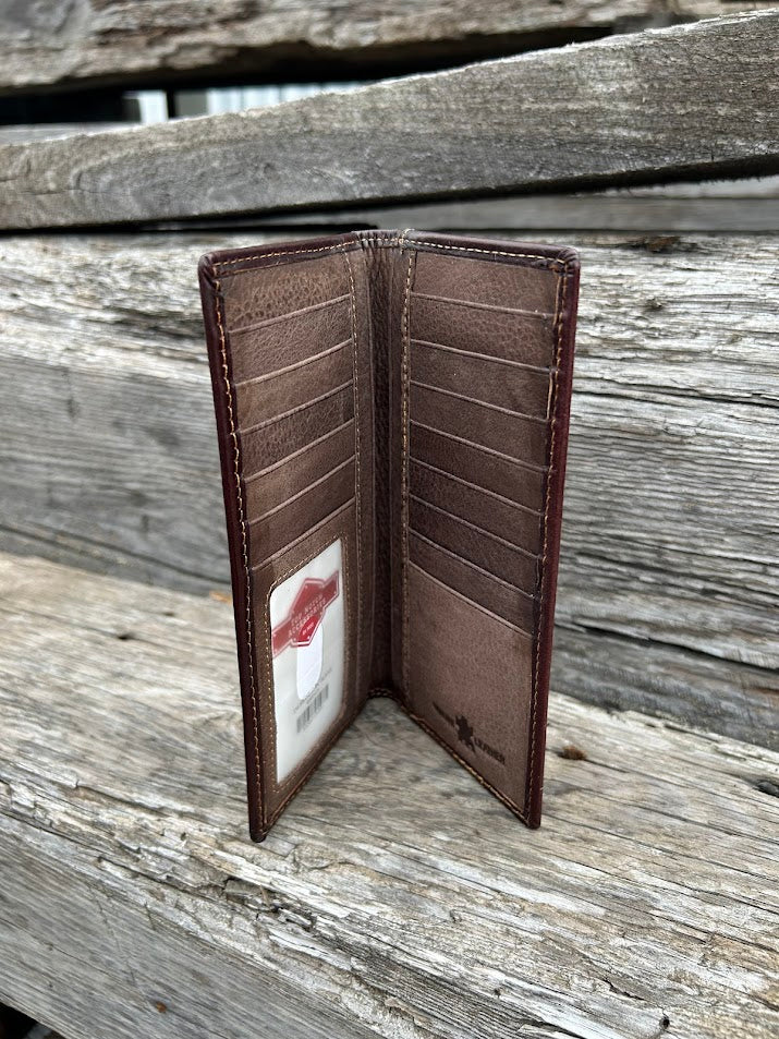 Coffee Brown basketweave leather tall wallet with intricate tooled design with a Beige inlay. Inside view showing 13 card slots, a ID window, and multiple cash slots.