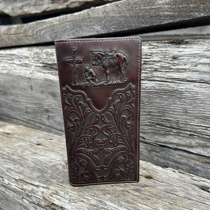 Coffee Brown leather checkbook wallet with embossed Praying Cowboy design. Front View