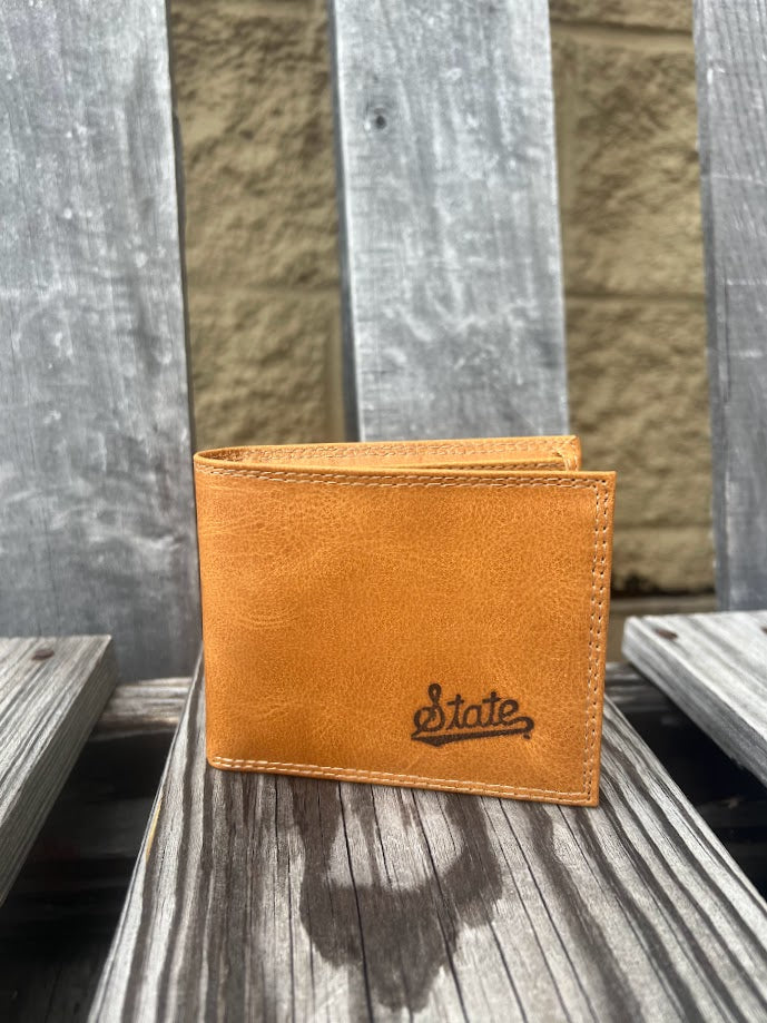 Zep-Pro Mississippi State Tan Leather Bi-fold Wallet with "State" logo embossed on bottom right of front.