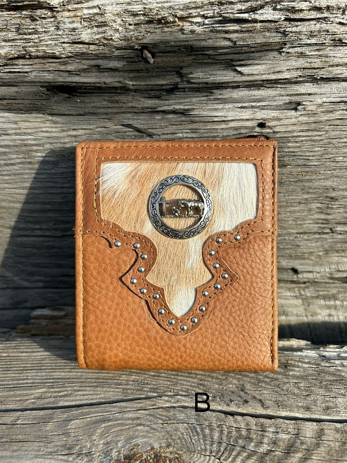 This Brown leather bifold wallet features a cowhide inlay with a Praying Cowboy Concho. Front View B