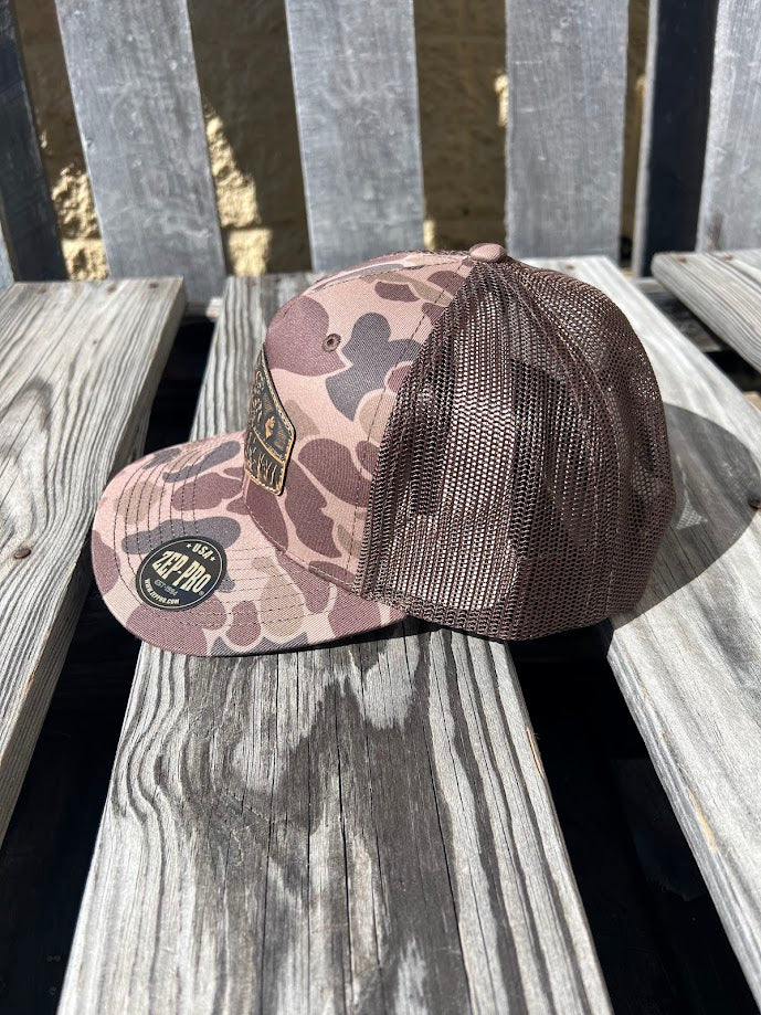 Zep Pro Old School Bark Duck Camo Leather Lab Patch Richardson 112 Cap Woven/Knitted Construction. Side view