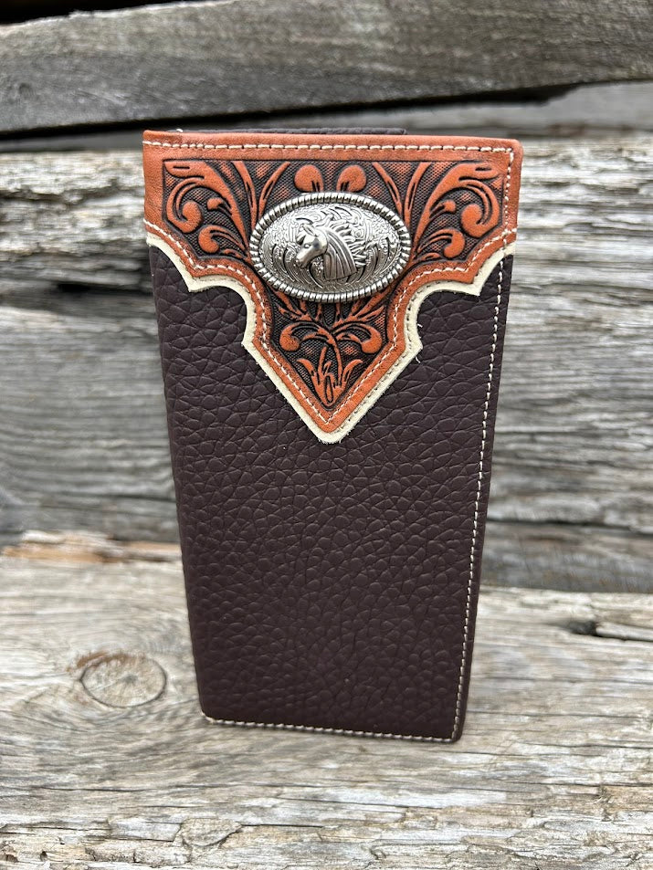 Coffee Brown leather checkbook wallet with a Horse Concho. Front View