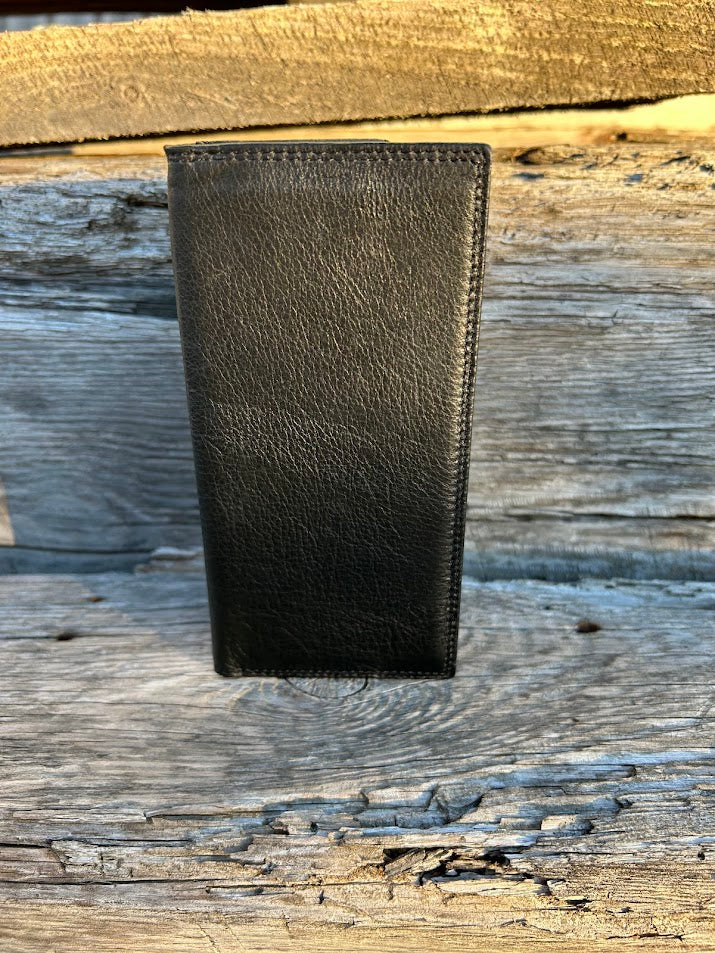Black leather tall wallet. Front View