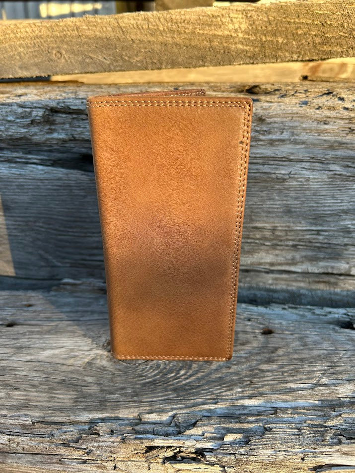 Brown leather tall wallet. Front View