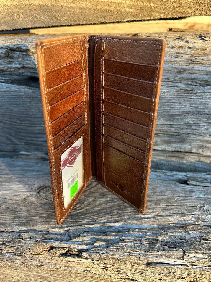Brown leather tall wallet. Inside view showing multiple card slots and ID window.