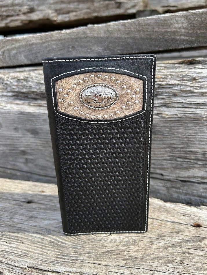 Top Notch Accessories Black Basketweave Leather Tall Wallet with Praying Cowboy Concho